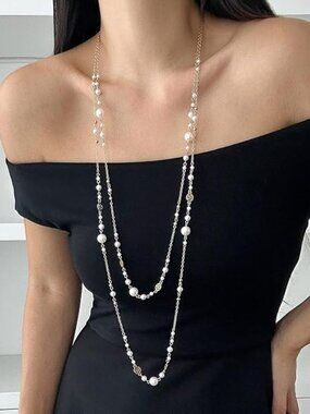 Long Layered Pearl Sweater Necklace for Women